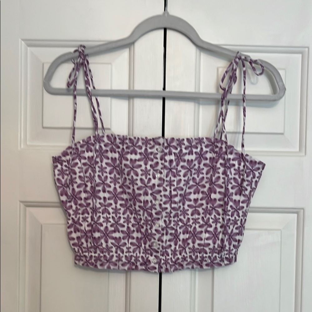 Aerie Floral Purple Cotton Button Front Tie Shoulder Tank Top